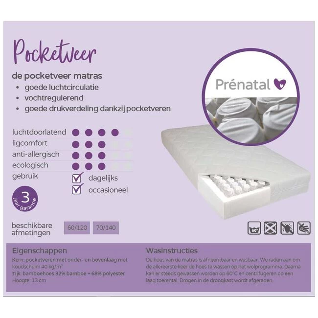 Prenatal Pocketveer Ledikant Matras 60x120cm 5 Prenatal Pocketveer Ledikant Matras 60x120cm - Afbeelding 3